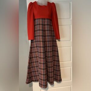 VTG Handmade empire waist maxi-dress wool/poly blend S/XS plaid modest